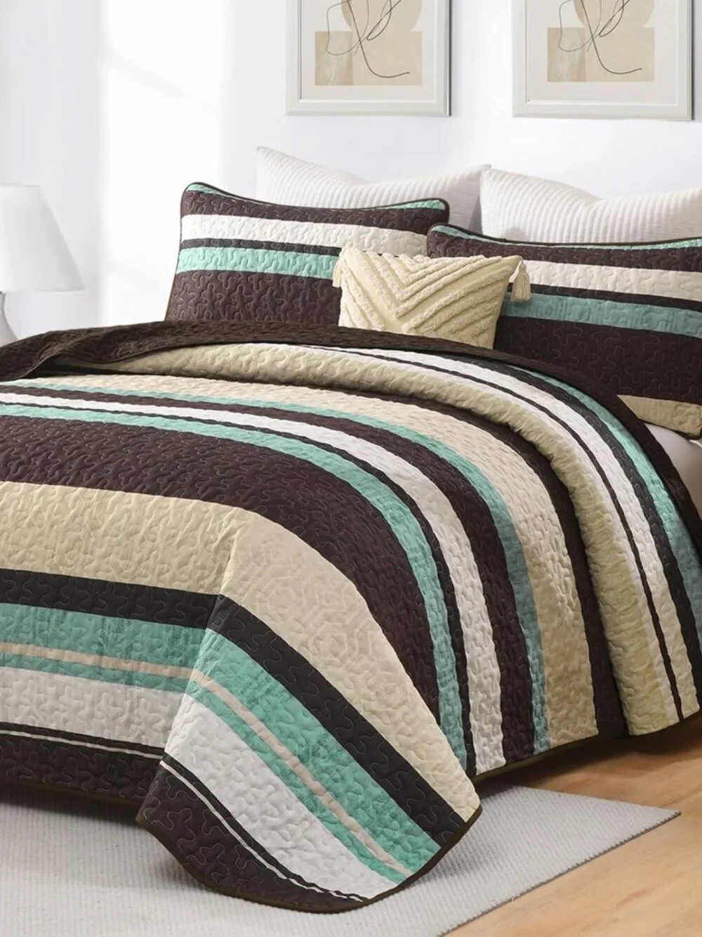 Red Brown Boho Striped 3-Piece Quilt Bedding Set w/Shams